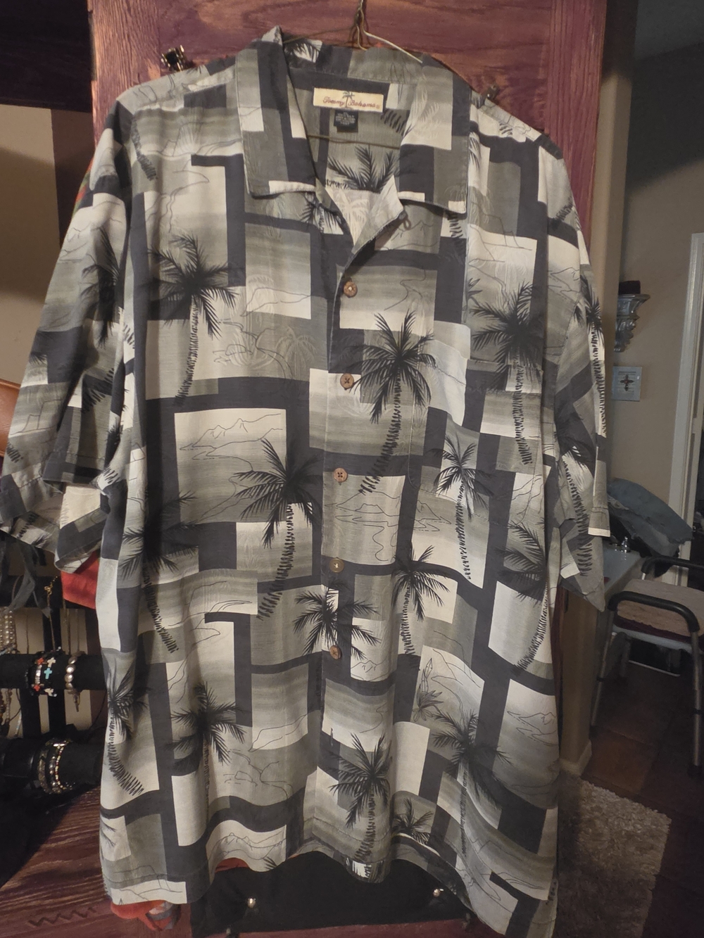 Tommy Bahama Black and Gray Palm Block Print Camp Shirt
